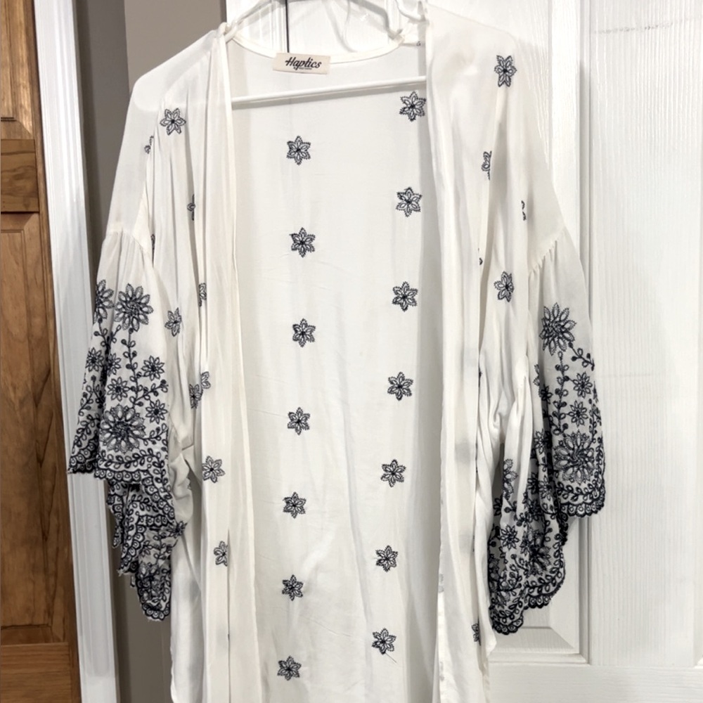 White Kimono with Blue Floral Embroidery